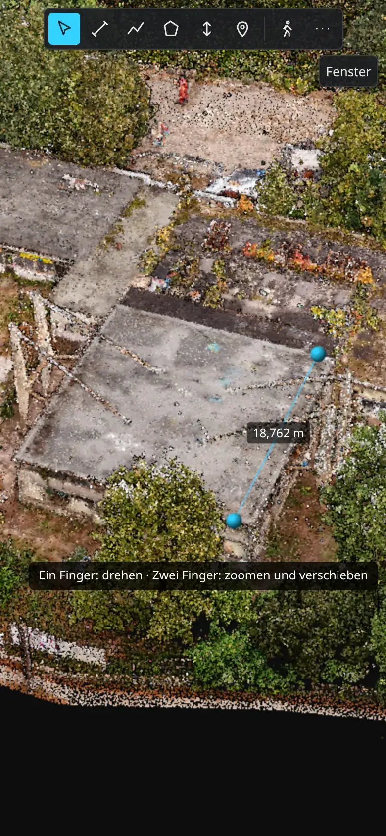 siteBits on a phone in portrait: point cloud with a measurement line, toolbar at the top