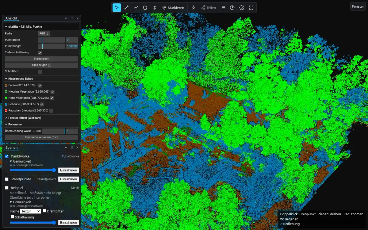 Point cloud coloured by class: ground brown, vegetation green, buildings blue; class list with point counts on the left