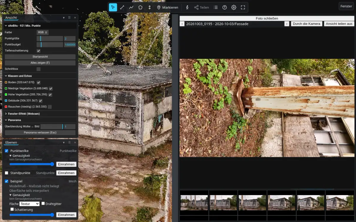 Split view: 3D scene on the left, the matching original photo on the right