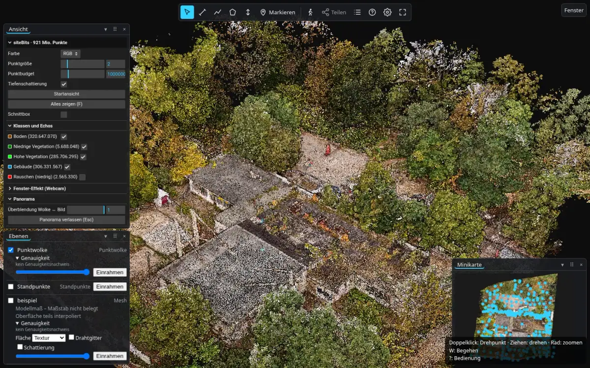 The same view with the interface: toolbar at the top, View and Layers panels on the left, minimap on the right