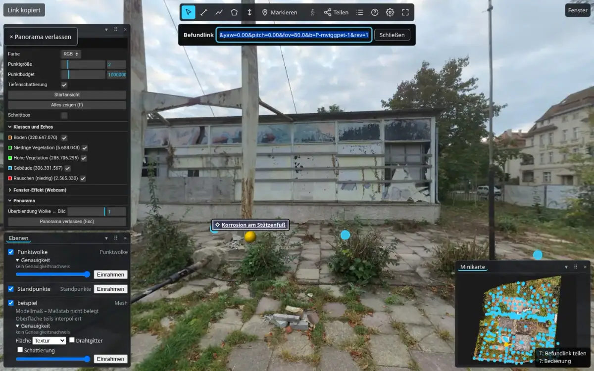 “Share” dialog for a finding in the panorama, with a link that holds station, view direction and finding