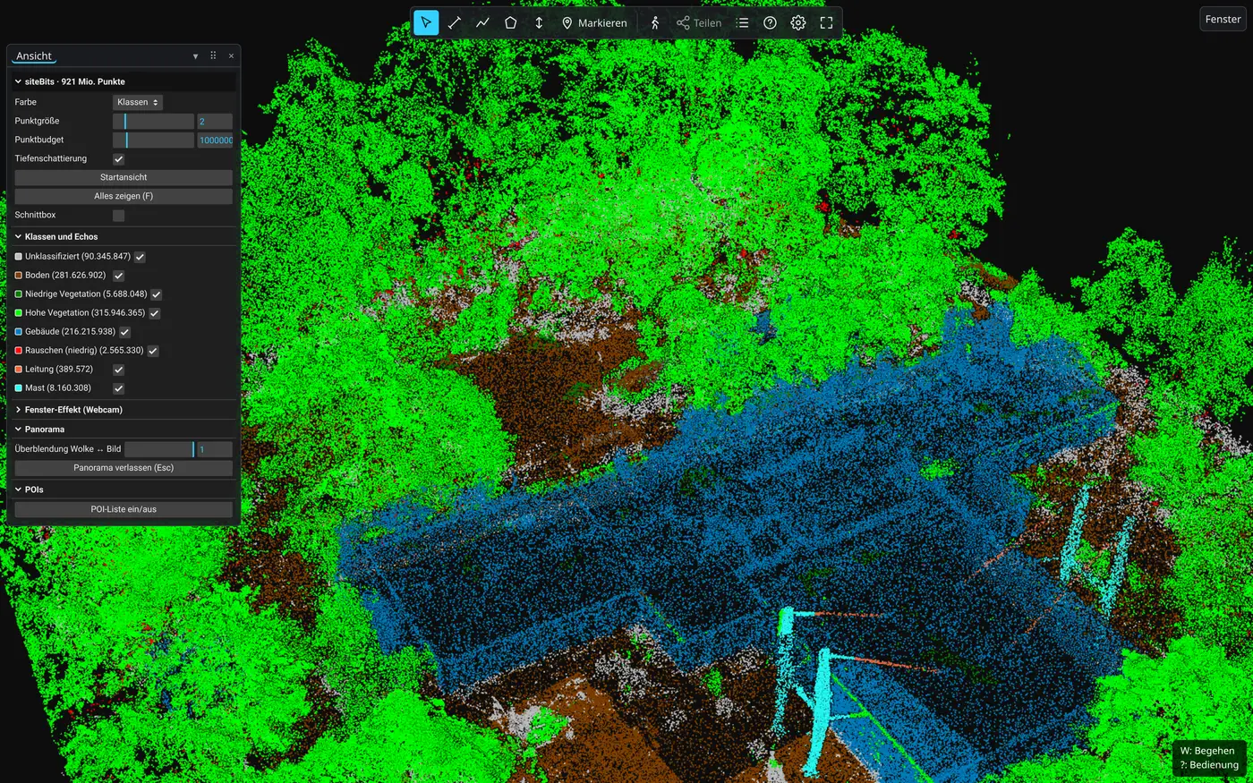 siteBits viewer: the same point cloud coloured by class, green vegetation, blue buildings, brown ground, cyan masts, with a panel listing point counts per class